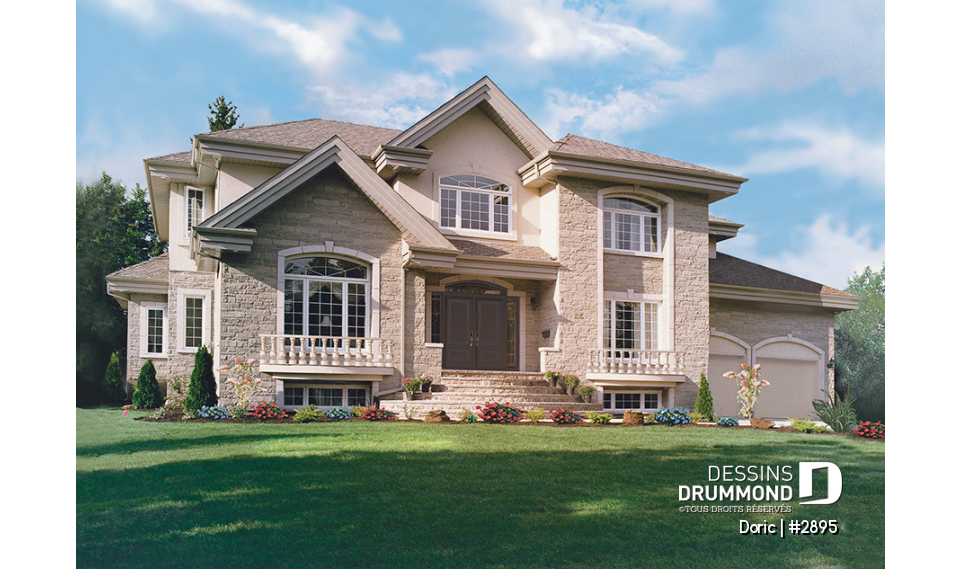 Vue avant - MODÈLE DE BASE - Grande maison avec garage double, 4 chambres, 3.5 salles de bain, 2 salons, bureau à domicile, plafond 9' - Doric