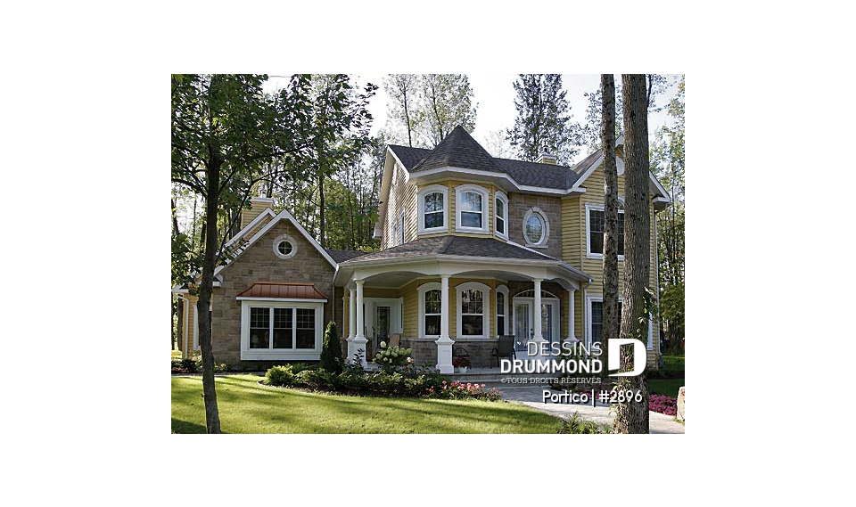 Vue avant - MODÈLE DE BASE - Plan de maison 3 chambres, bureau, garage double, plafond 9' au rdc., grand espace boni, foyer deux faces - Portico