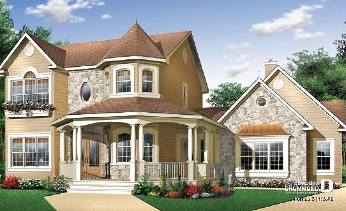 Vue avant - MODÈLE DE BASE - Plan de maison avec 4 à 5 chambres, 3.5 salles de bain, garage double, chambre maître au rez-de-chaussée - Portico 3
