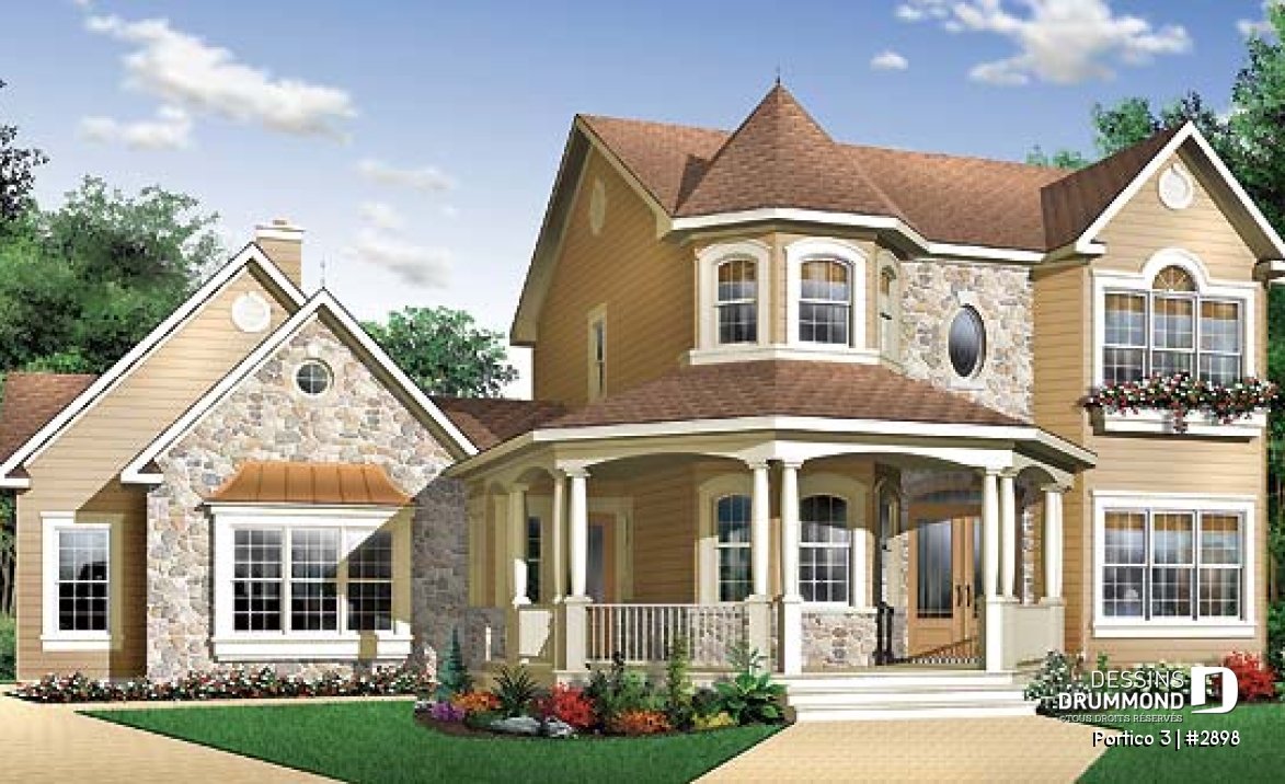 Vue avant - MODÈLE DE BASE - Plan de maison avec 4 à 5 chambres, 3.5 salles de bain, garage double, chambre maître au rez-de-chaussée - Portico 3