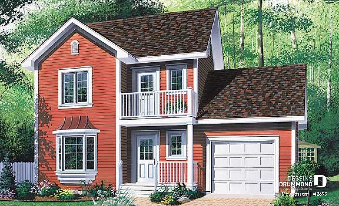 Vue avant - MODÈLE DE BASE - Plan de maison à étage avec garage pour terrain étroit, 3 chambres, balcon privé à la chambre principale - Maupassant