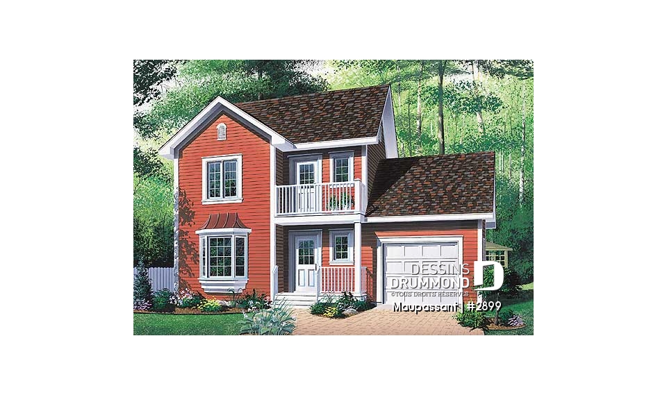 Vue avant - MODÈLE DE BASE - Plan de maison à étage avec garage pour terrain étroit, 3 chambres, balcon privé à la chambre principale - Maupassant
