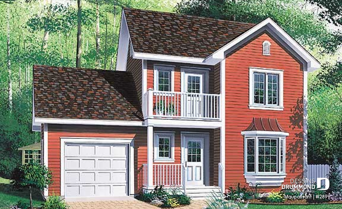Vue avant - MODÈLE DE BASE - Plan de maison à étage avec garage pour terrain étroit, 3 chambres, balcon privé à la chambre principale - Maupassant