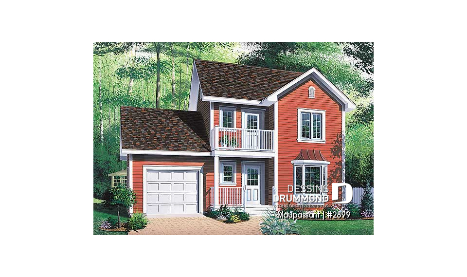 Vue avant - MODÈLE DE BASE - Plan de maison à étage avec garage pour terrain étroit, 3 chambres, balcon privé à la chambre principale - Maupassant