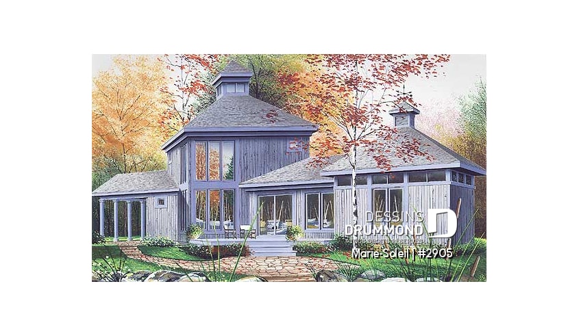 Vue avant - MODÈLE DE BASE - Plan de maison genre chalet, chambre en loft à l'étage, suite des maîtres au r-d-c, observatoire - Marie-Soleil