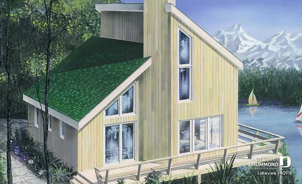 Vue avant - MODÈLE DE BASE - Plan de chalet abordable d'inspiration scandinave avec grande terrasse et 3 chambres - Lakeview