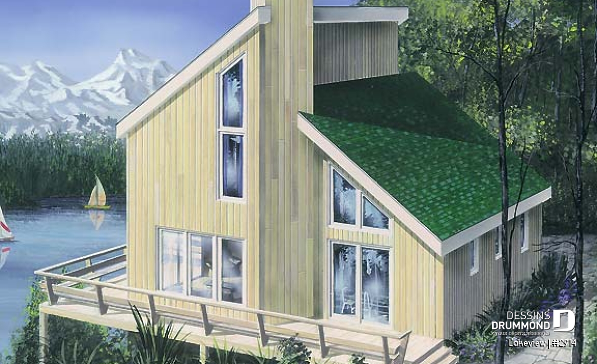 Vue avant - MODÈLE DE BASE - Plan de chalet abordable d'inspiration scandinave avec grande terrasse et 3 chambres - Lakeview