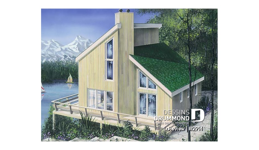 Vue avant - MODÈLE DE BASE - Plan de chalet abordable d'inspiration scandinave avec grande terrasse et 3 chambres - Lakeview