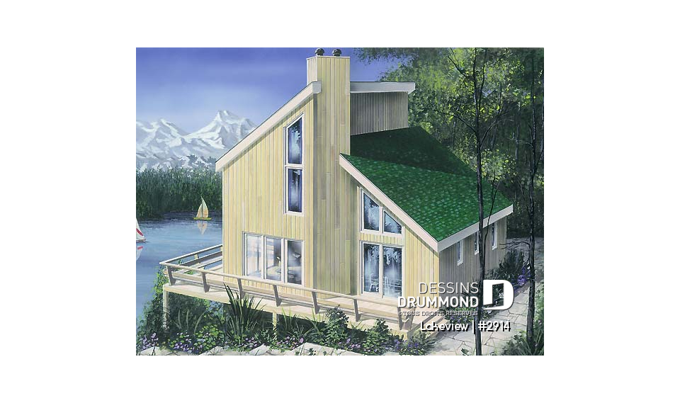 Vue avant - MODÈLE DE BASE - Plan de chalet abordable d'inspiration scandinave avec grande terrasse et 3 chambres - Lakeview