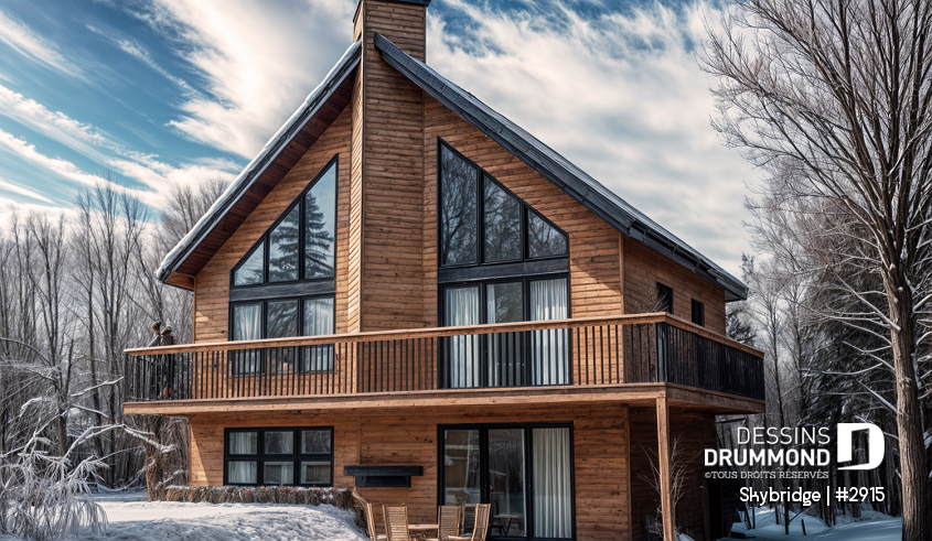 Vue avant - MODÈLE DE BASE - Plan de chalet rustique, 3 à 4 chambres, cathédral & loft, mezzanine, 2 foyers, grande terrasse vue superbe - Skybridge