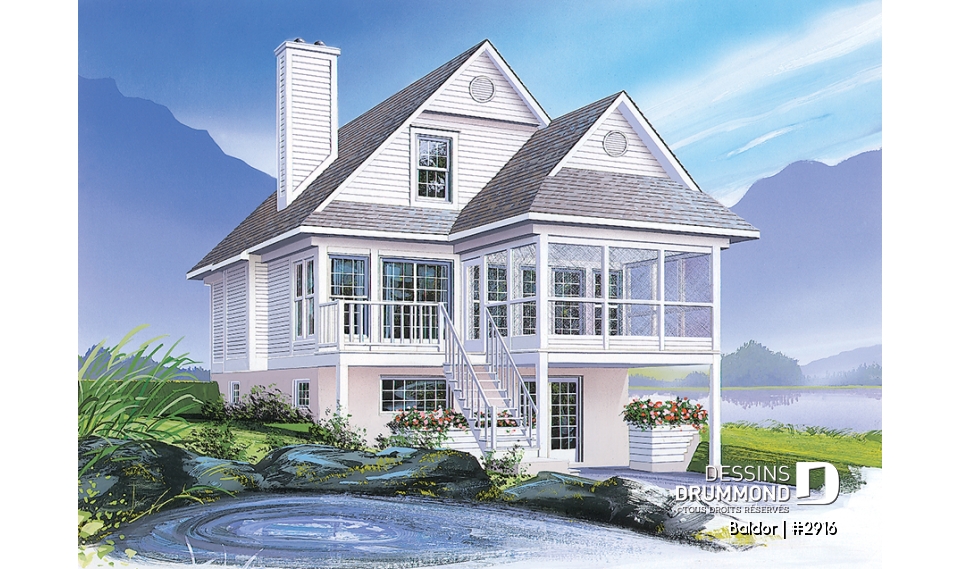 Vue arrière - MODÈLE DE BASE - Plan de chalet 3 chambres, 2 salles de bain, aire ouverte, foyer, abri moustiquaire, buanderie au premier - Baldor