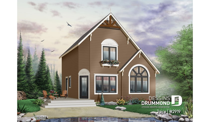 Version couleur no. 7 - Vue avant - Plan de petite maison abordable, 2 à 3 chambres, belle fenestration, cathédral et mezzanine - Joice