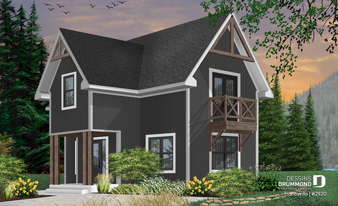 Version couleur no. 1 - Vue avant - Plan de chalet, chambre des parents avec walk-in et balcon, gros foyer central, ouvert, abri moustiquaire - Francavilla