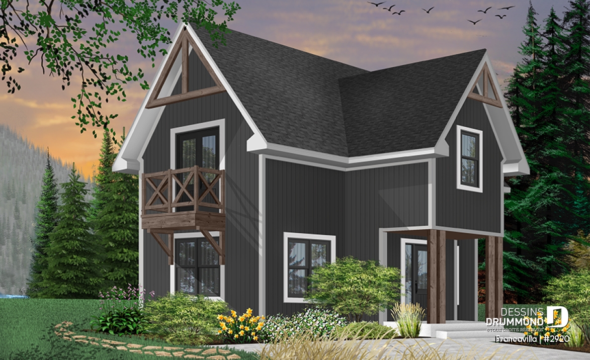 Version couleur no. 1 - Vue avant - Plan de chalet, chambre des parents avec walk-in et balcon, gros foyer central, ouvert, abri moustiquaire - Francavilla
