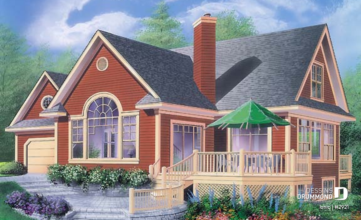 Vue avant - MODÈLE DE BASE - Maison style chalet 4-saison, 2 suites des maîtres (total 4 chambres), garage 2 voitures, foyer central - Ionic