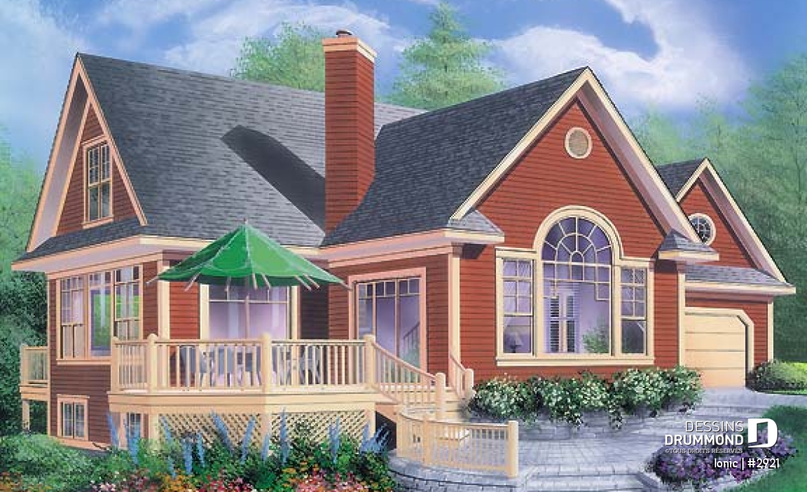 Vue avant - MODÈLE DE BASE - Maison style chalet 4-saison, 2 suites des maîtres (total 4 chambres), garage 2 voitures, foyer central - Ionic
