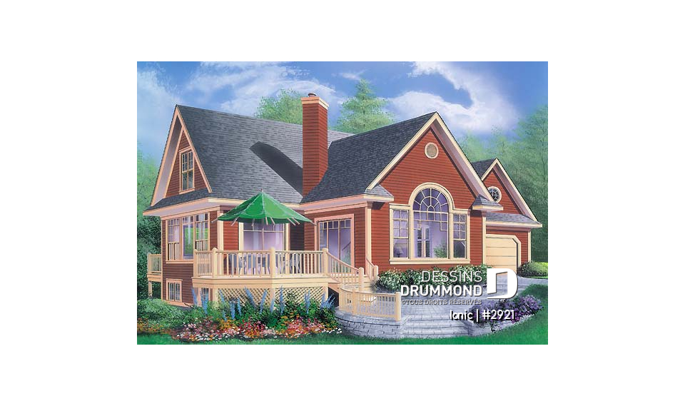 Vue avant - MODÈLE DE BASE - Maison style chalet 4-saison, 2 suites des maîtres (total 4 chambres), garage 2 voitures, foyer central - Ionic