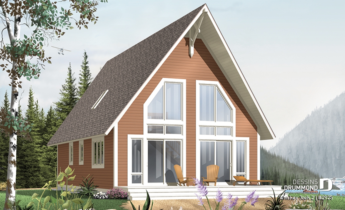 Vue avant - MODÈLE DE BASE - Plan de chalet abordable 2 chambres + loft, mezzanine, vestiaire, plafond cathédral, belle lumière - Whiskey Jack 2