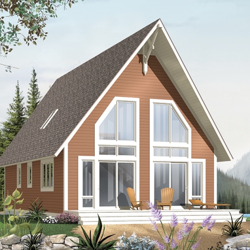 Vue avant - MODÈLE DE BASE - Plan de chalet abordable 2 chambres + loft, mezzanine, vestiaire, plafond cathédral, belle lumière - Whiskey Jack 2