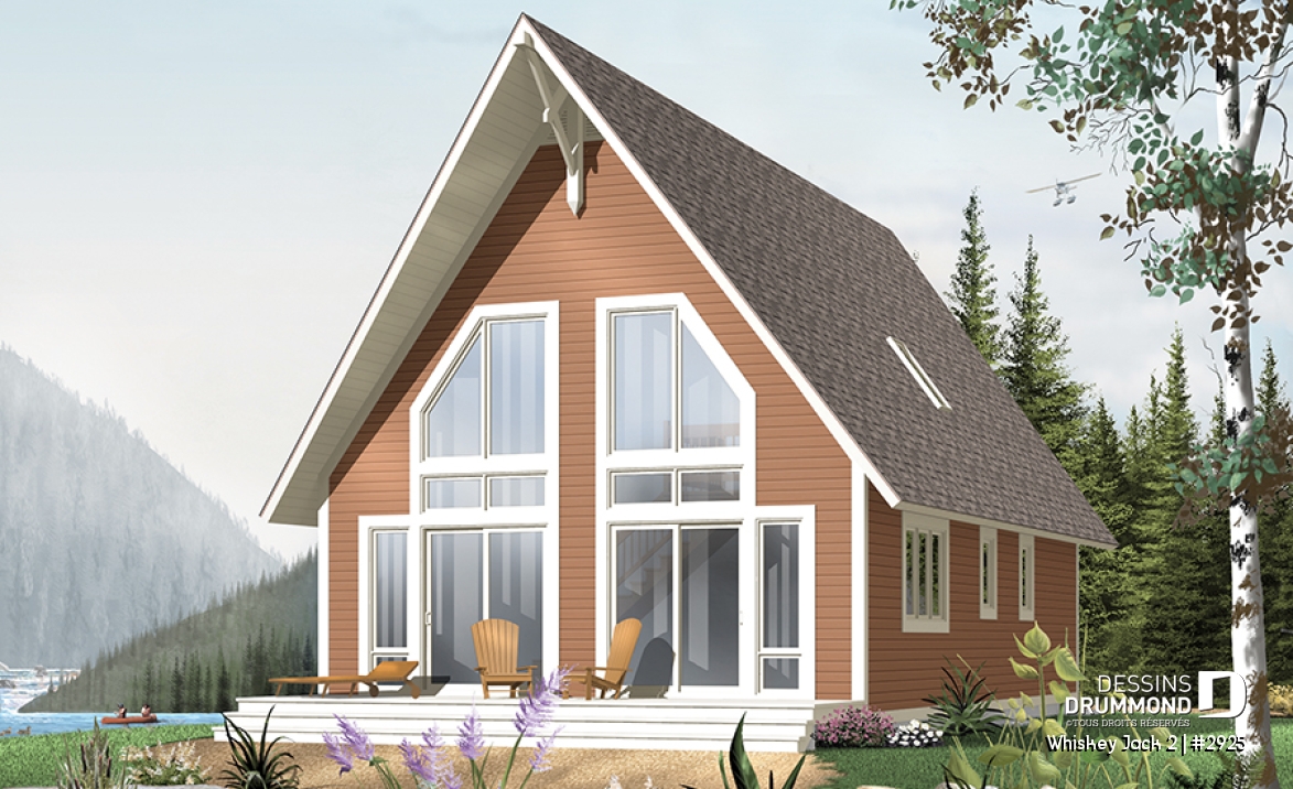 Vue avant - MODÈLE DE BASE - Plan de chalet abordable 2 chambres + loft, mezzanine, vestiaire, plafond cathédral, belle lumière - Whiskey Jack 2
