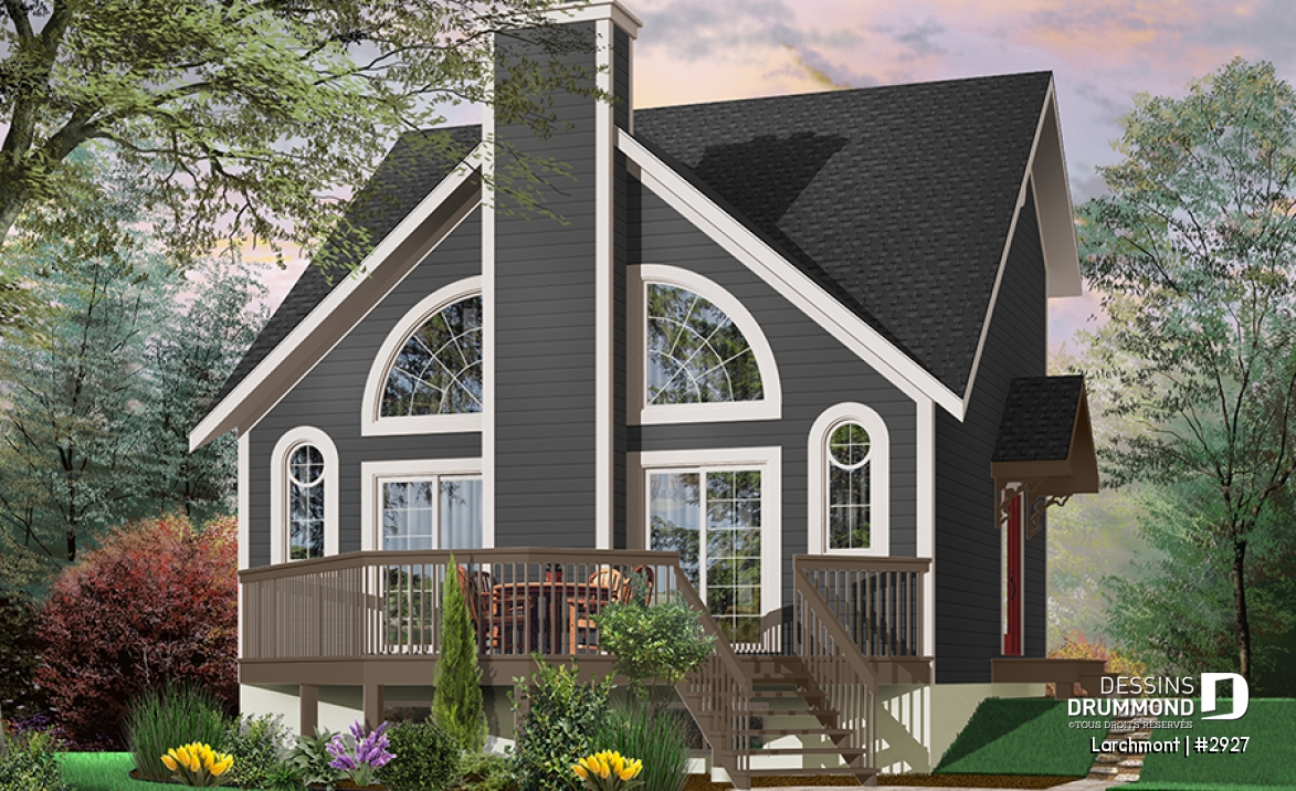 Vue avant - MODÈLE DE BASE - Plan de petit chalet, grande suite des maîtres, aire ouverte, mezzanine, sous-sol aménageable - Larchmont