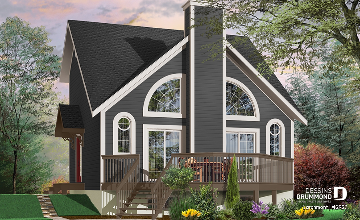Vue avant - MODÈLE DE BASE - Plan de petit chalet, grande suite des maîtres, aire ouverte, mezzanine, sous-sol aménageable - Larchmont