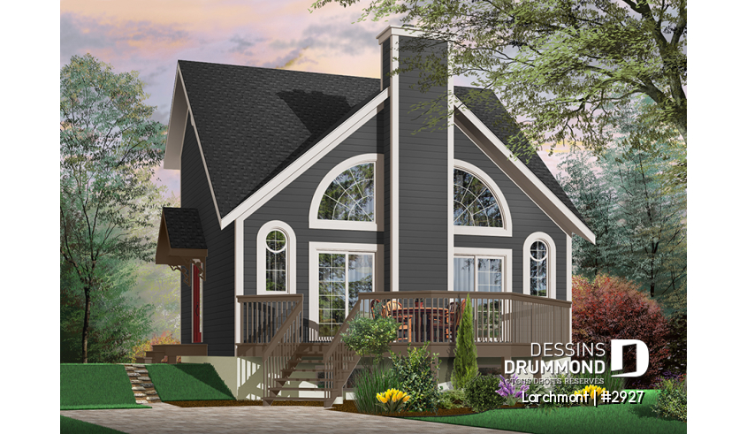 Vue avant - MODÈLE DE BASE - Plan de petit chalet, grande suite des maîtres, aire ouverte, mezzanine, sous-sol aménageable - Larchmont