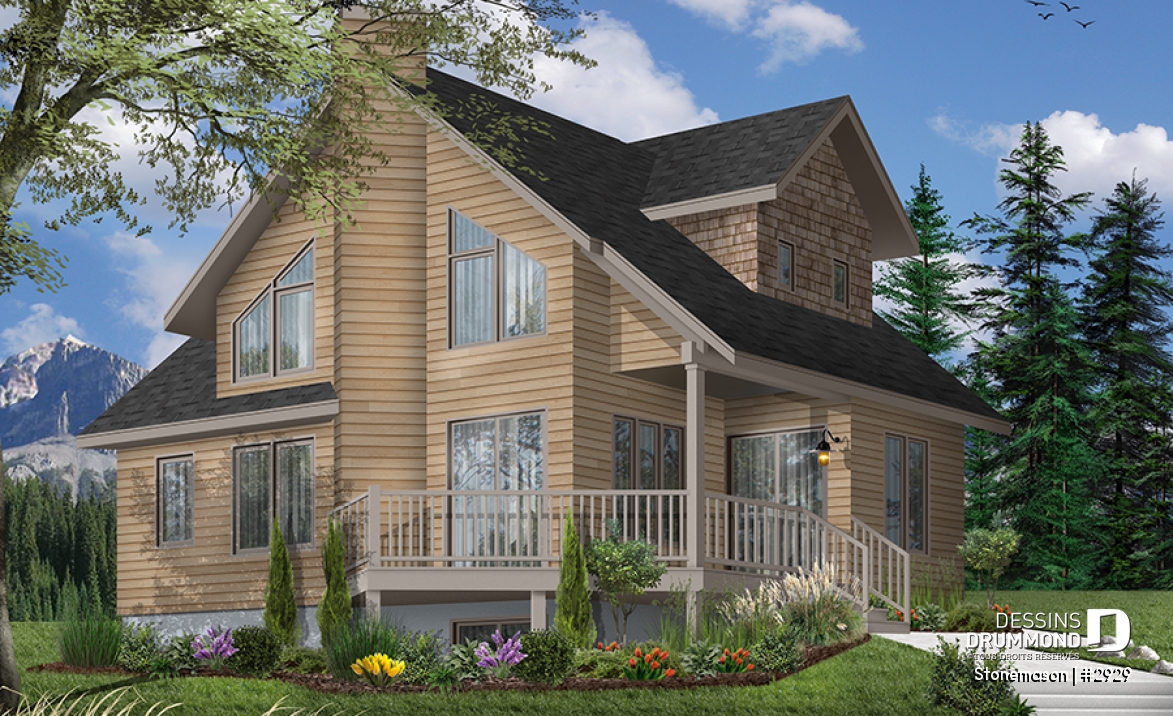 Vue avant - MODÈLE DE BASE - Plan de maison / chalet rustique, grand vestiaire, grand salon, 2 chambres, 2 s.bain, mezzanine - Stonemason