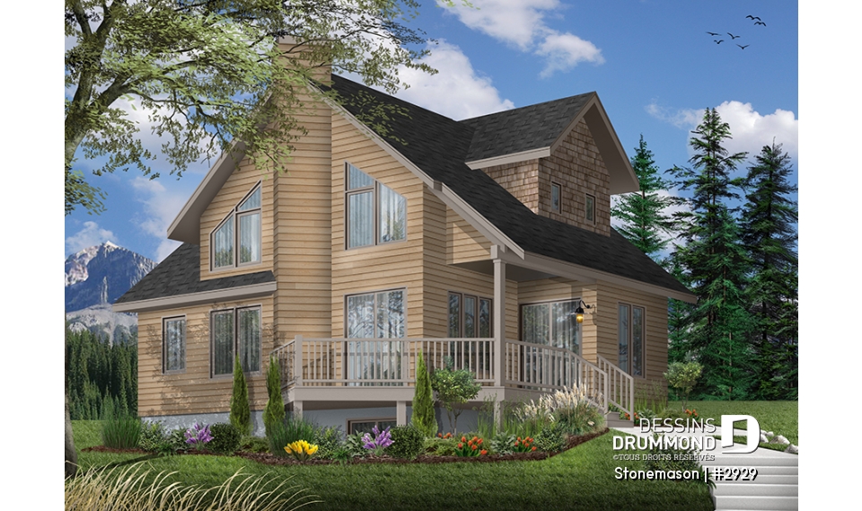 Vue avant - MODÈLE DE BASE - Plan de maison / chalet rustique, grand vestiaire, grand salon, 2 chambres, 2 s.bain, mezzanine - Stonemason