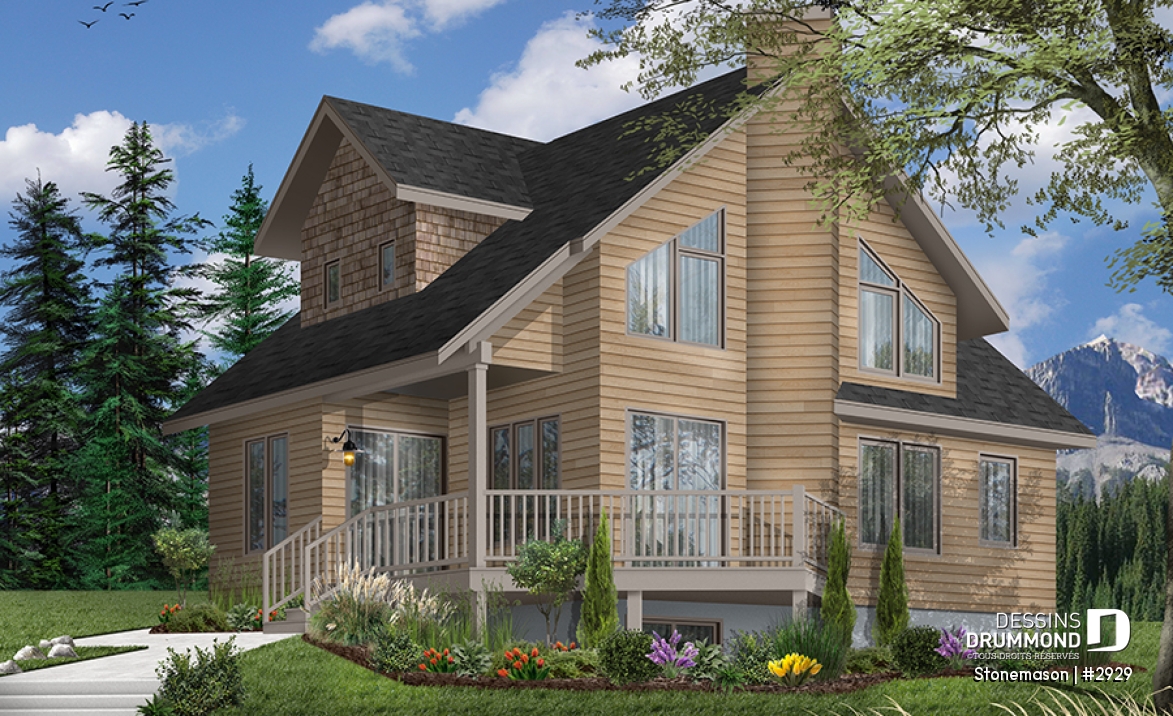 Vue avant - MODÈLE DE BASE - Plan de maison / chalet rustique, grand vestiaire, grand salon, 2 chambres, 2 s.bain, mezzanine - Stonemason