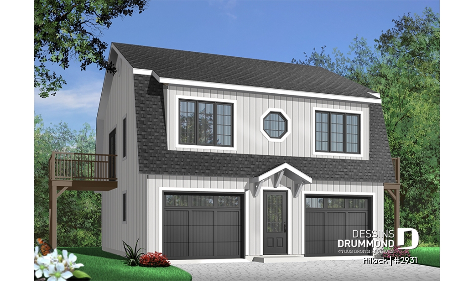 Version couleur no. 4 - Vue avant - Plan de garage grand format avec logement complet de 2 chambres à l'étage, 2 balcons privés et aire ouverte  - Hillock