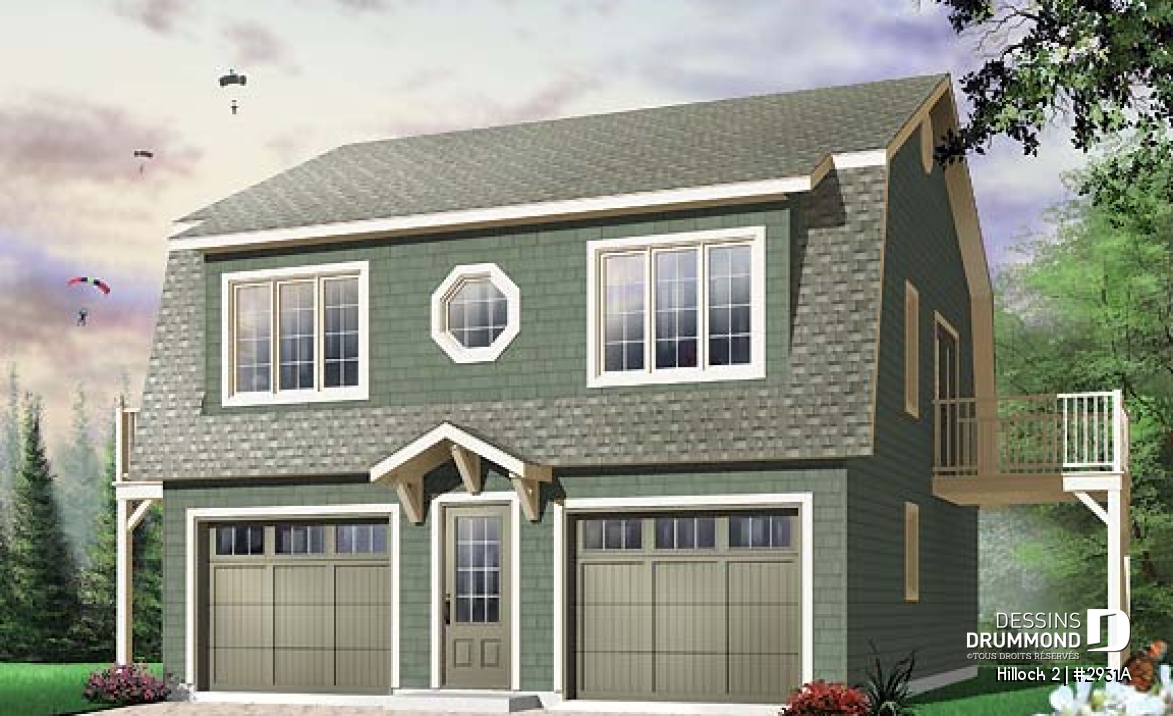 Vue avant - MODÈLE DE BASE - Plan de garage double de grand format avec logement 2 chambres, espace ouvert et 2 balcons privés - Hillock 2