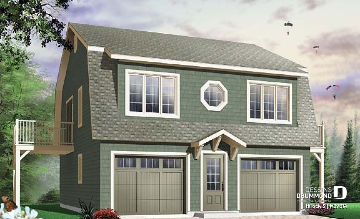 Vue avant - MODÈLE DE BASE - Plan de garage double de grand format avec logement 2 chambres, espace ouvert et 2 balcons privés - Hillock 2