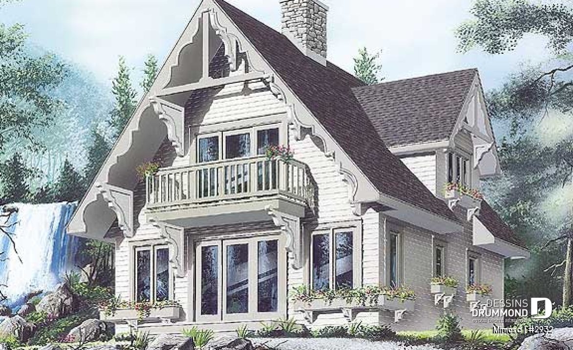 Vue avant - MODÈLE DE BASE - Plan de chalet Suisse, 3 chambres, 2 salles de bain et foyer ouvert au séjour et salle à manger - Mimosa