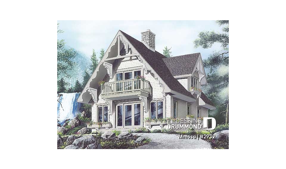 Vue avant - MODÈLE DE BASE - Plan de chalet Suisse, 3 chambres, 2 salles de bain et foyer ouvert au séjour et salle à manger - Mimosa