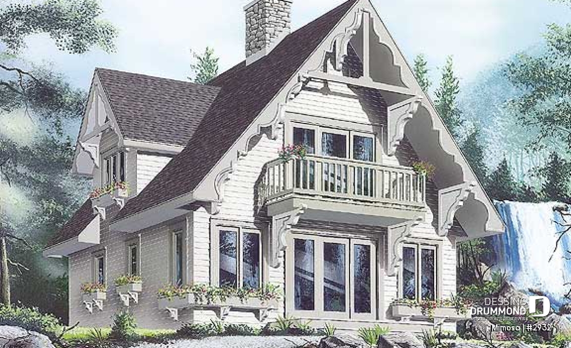 Vue avant - MODÈLE DE BASE - Plan de chalet Suisse, 3 chambres, 2 salles de bain et foyer ouvert au séjour et salle à manger - Mimosa