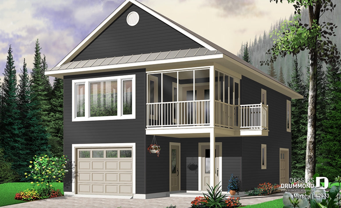 Version couleur no. 3 - Vue avant - Plan de garage avec appartement de 2 chambres à l'étage + balcon avec abri moustiquaire - Murphy