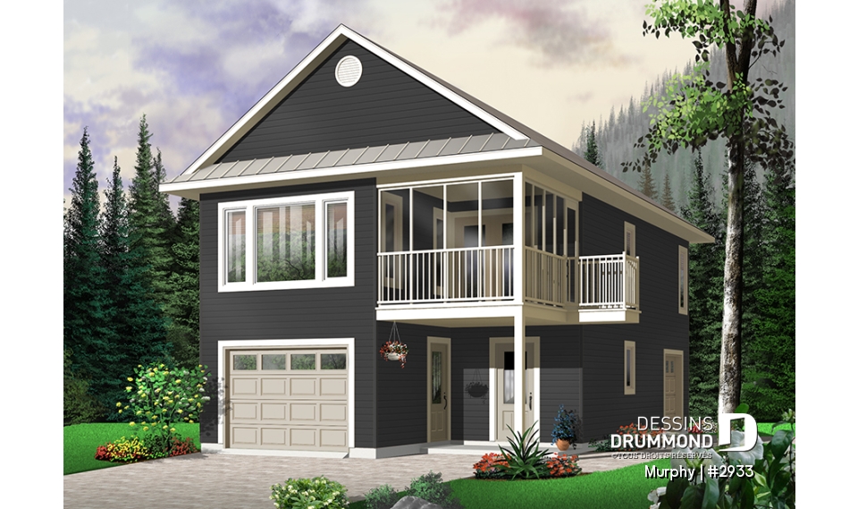 Version couleur no. 3 - Vue avant - Plan de garage avec appartement de 2 chambres à l'étage + balcon avec abri moustiquaire - Murphy