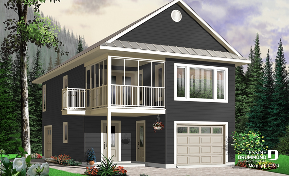 Version couleur no. 3 - Vue avant - Plan de garage avec appartement de 2 chambres à l'étage + balcon avec abri moustiquaire - Murphy