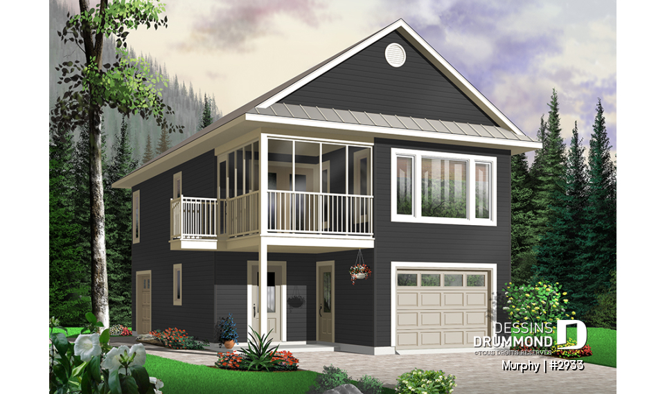 Version couleur no. 3 - Vue avant - Plan de garage avec appartement de 2 chambres à l'étage + balcon avec abri moustiquaire - Murphy
