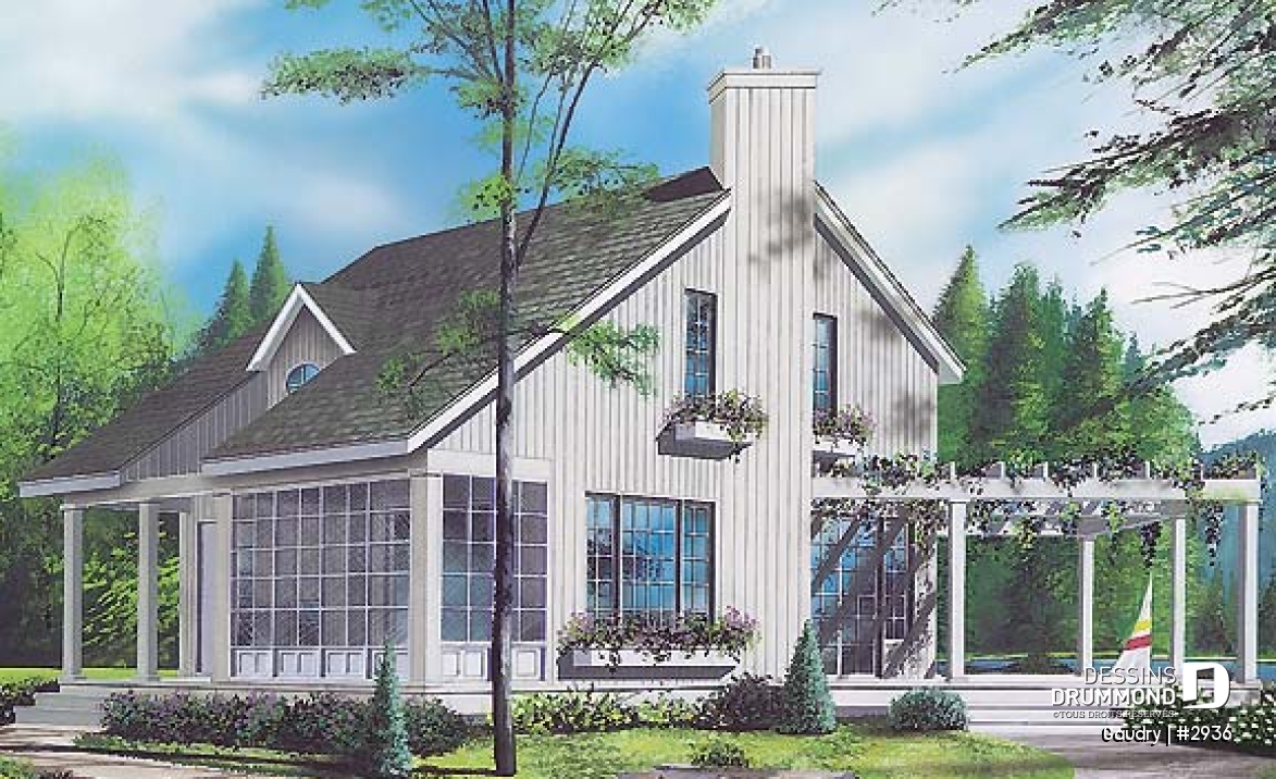 Vue avant - MODÈLE DE BASE - Plan maison à étage, 2 chambres, 2 salles de bain, vestiaire, foyer, beau cachet - Gaudry