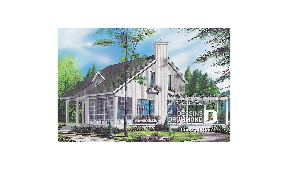 Vue avant - MODÈLE DE BASE - Plan maison à étage, 2 chambres, 2 salles de bain, vestiaire, foyer, beau cachet - Gaudry