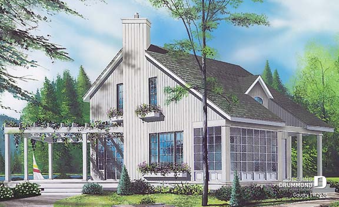 Vue avant - MODÈLE DE BASE - Plan maison à étage, 2 chambres, 2 salles de bain, vestiaire, foyer, beau cachet - Gaudry
