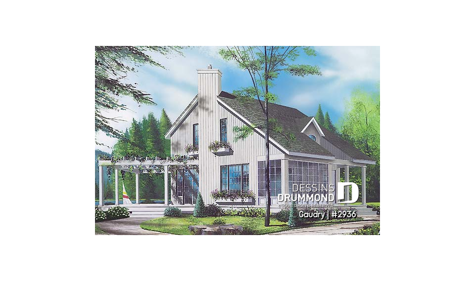 Vue avant - MODÈLE DE BASE - Plan maison à étage, 2 chambres, 2 salles de bain, vestiaire, foyer, beau cachet - Gaudry