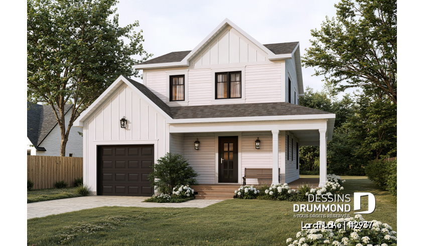 Vue avant - MODÈLE DE BASE - Plan de maison champêtre avec option de 2 ou 3 chambres, belle lumière naturelle, garage - Larch Lake