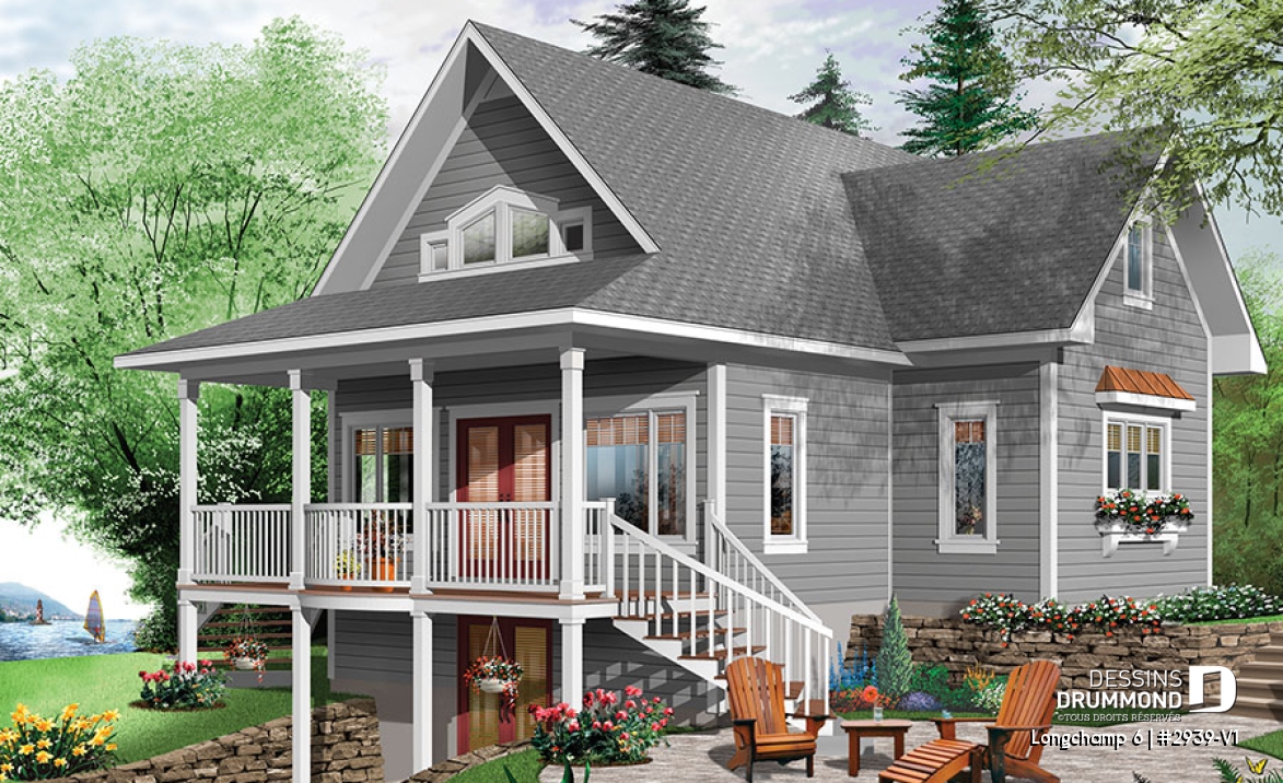 Vue avant - MODÈLE DE BASE - Plan de maison style chalet 4 chambres, mezzanine, bord de l'eau, chambre maîtres au rez-de-chaussé - Longchamp 6