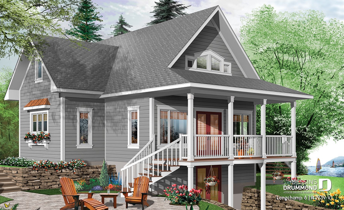Vue avant - MODÈLE DE BASE - Plan de maison style chalet 4 chambres, mezzanine, bord de l'eau, chambre maîtres au rez-de-chaussé - Longchamp 6