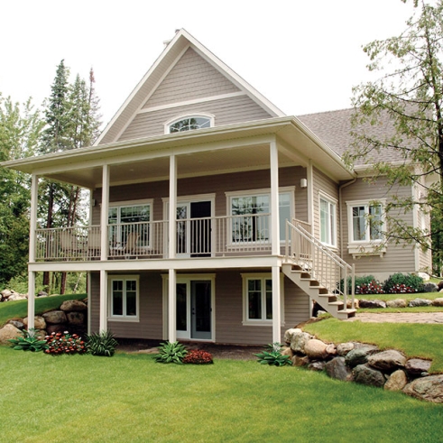 Vue arrière - MODÈLE DE BASE - Plan de chalet, 2 chambres + loft, grand balcon couvert, plancher à aire ouverte, mezzanine, foyer - Longchamp