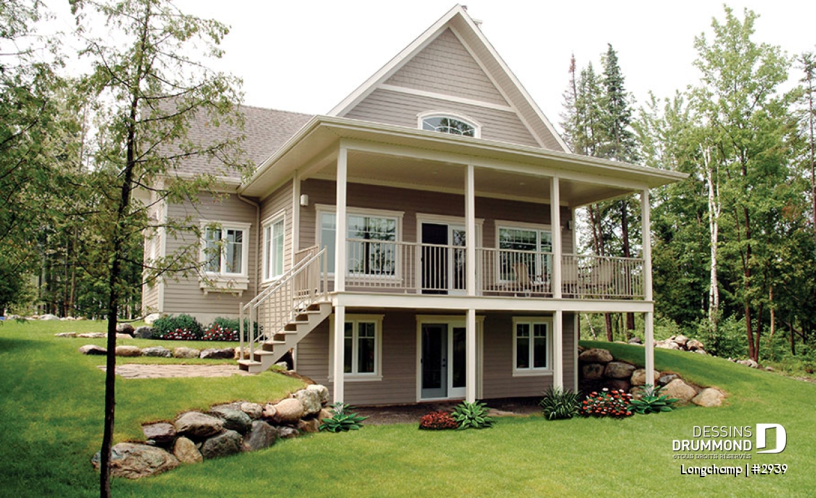 Vue arrière - MODÈLE DE BASE - Plan de chalet, 2 chambres + loft, grand balcon couvert, plancher à aire ouverte, mezzanine, foyer - Longchamp