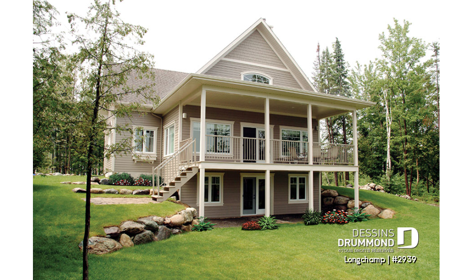 Vue arrière - MODÈLE DE BASE - Plan de chalet, 2 chambres + loft, grand balcon couvert, plancher à aire ouverte, mezzanine, foyer - Longchamp